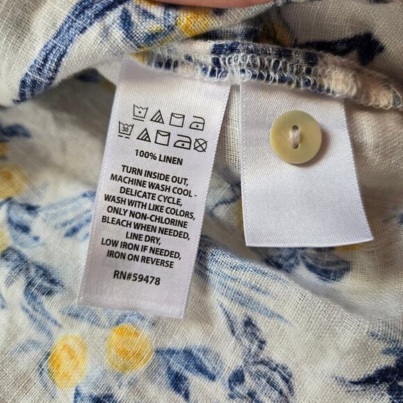Isaac Mizrahi Blue White Yellow 100% linen button down blouse Bird Parrot Lemon - Picture 5 of 11